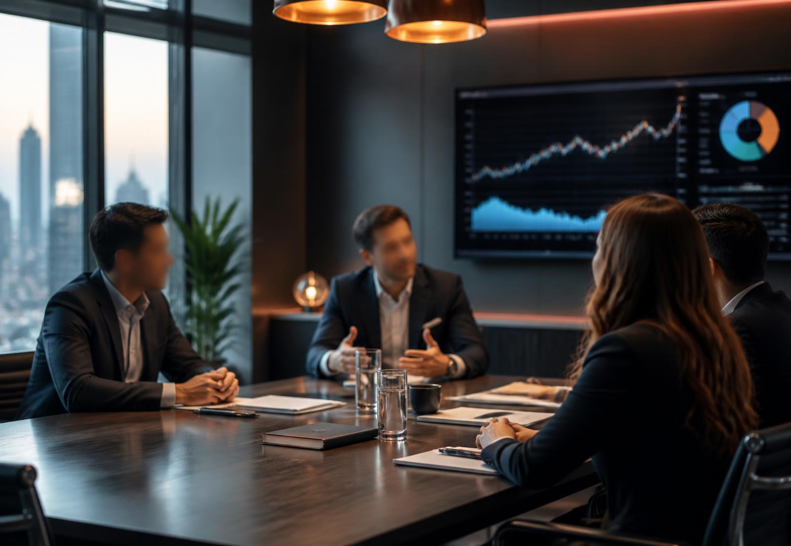 Investors reviewing portfolio performance in a contemporary boardroom