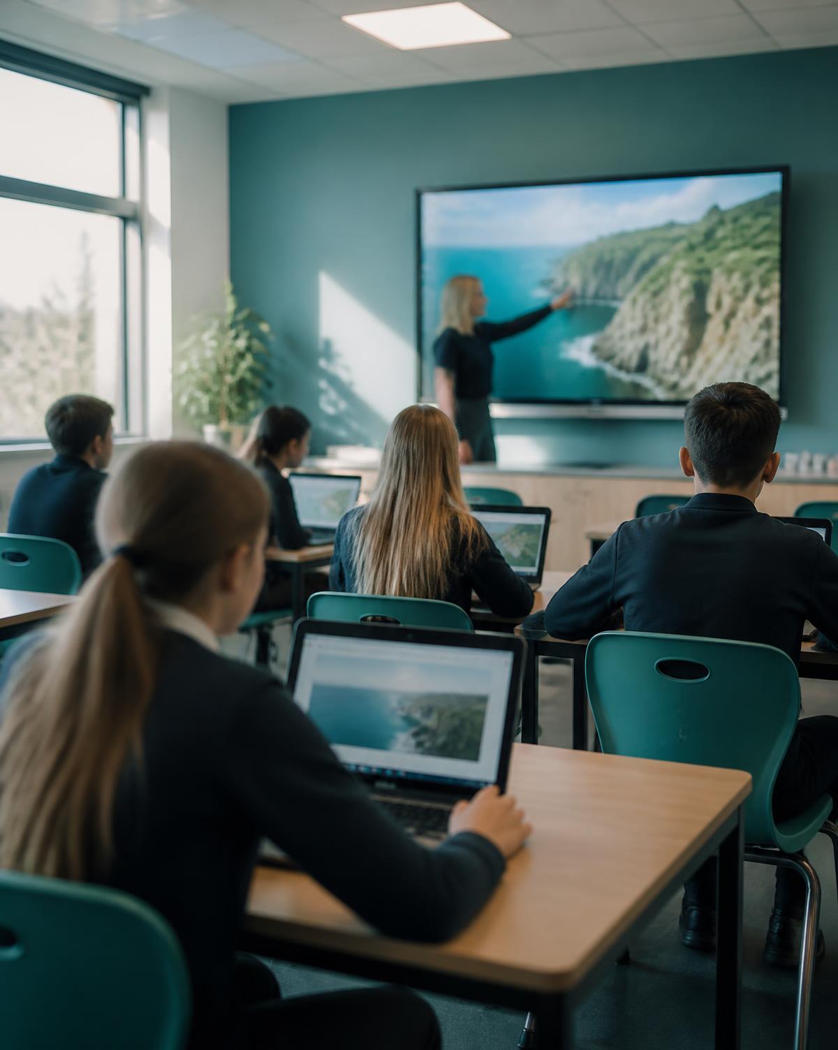 Students learning with laptops in a contemporary classroom