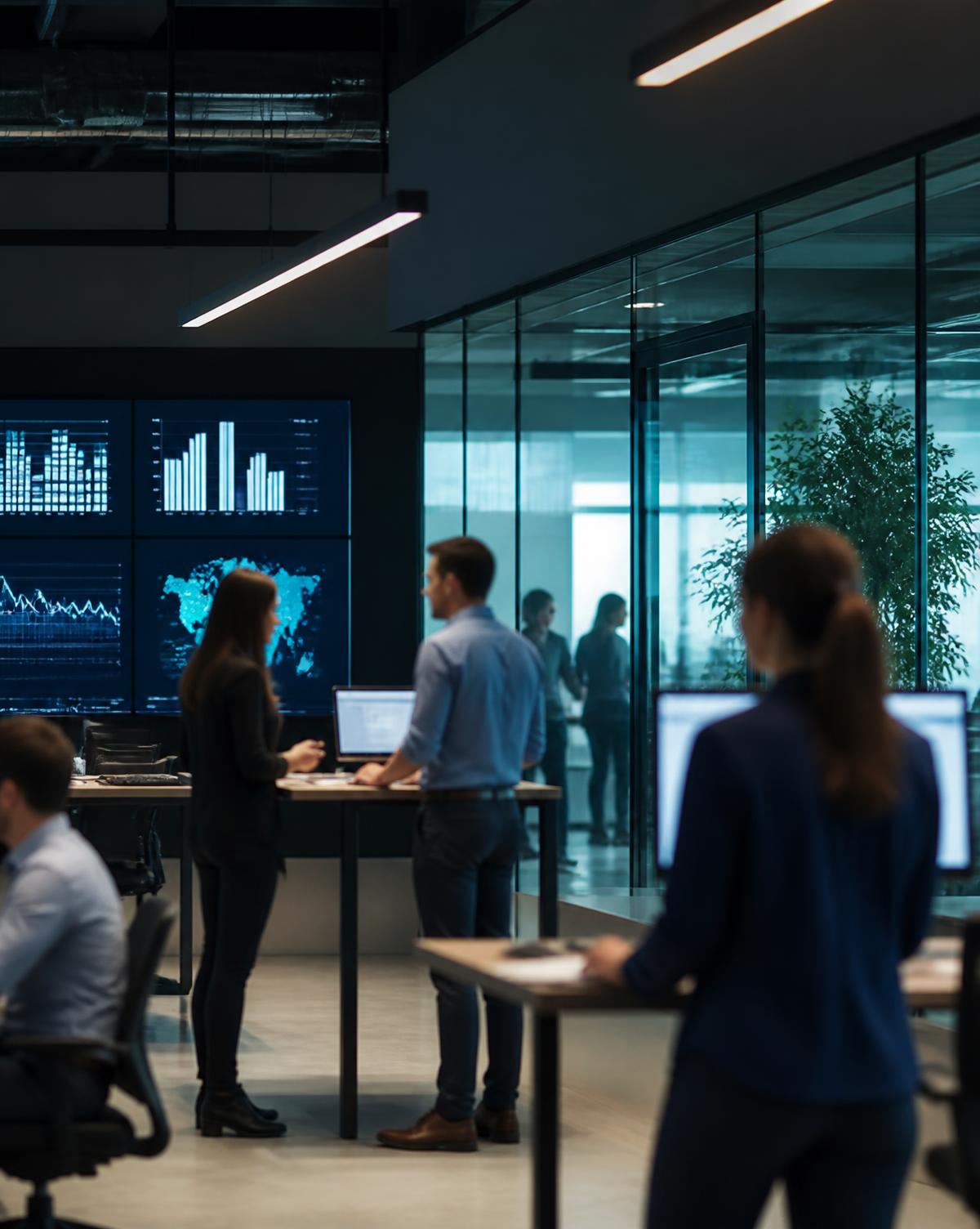 Technology team reviewing workforce data on large screens